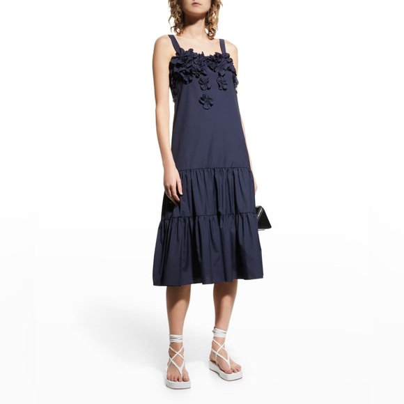 Jason Wu Dresses & Skirts - Jason Wu Navy Blue Tiered Floral-Embellished Midi Dress | Size 0